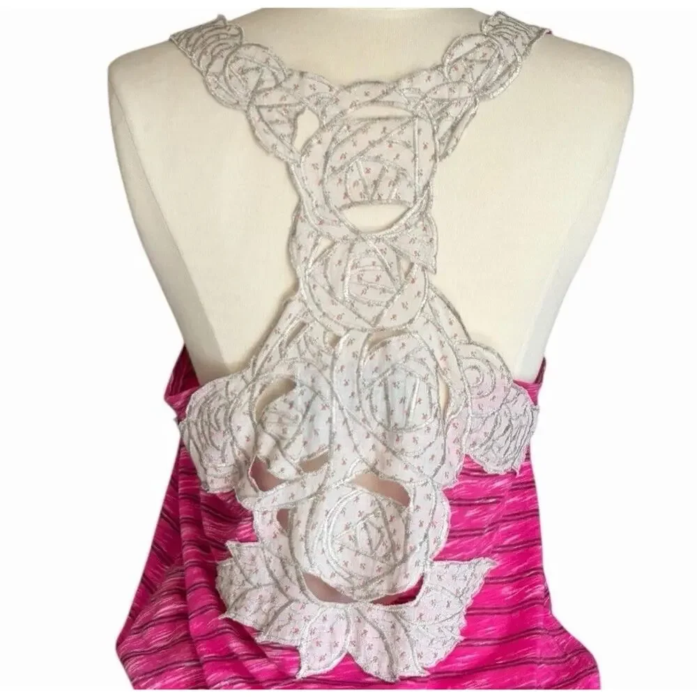 Vintage Free People Pink Stripe Lace Racerback Tank Size Small Feminine Boho